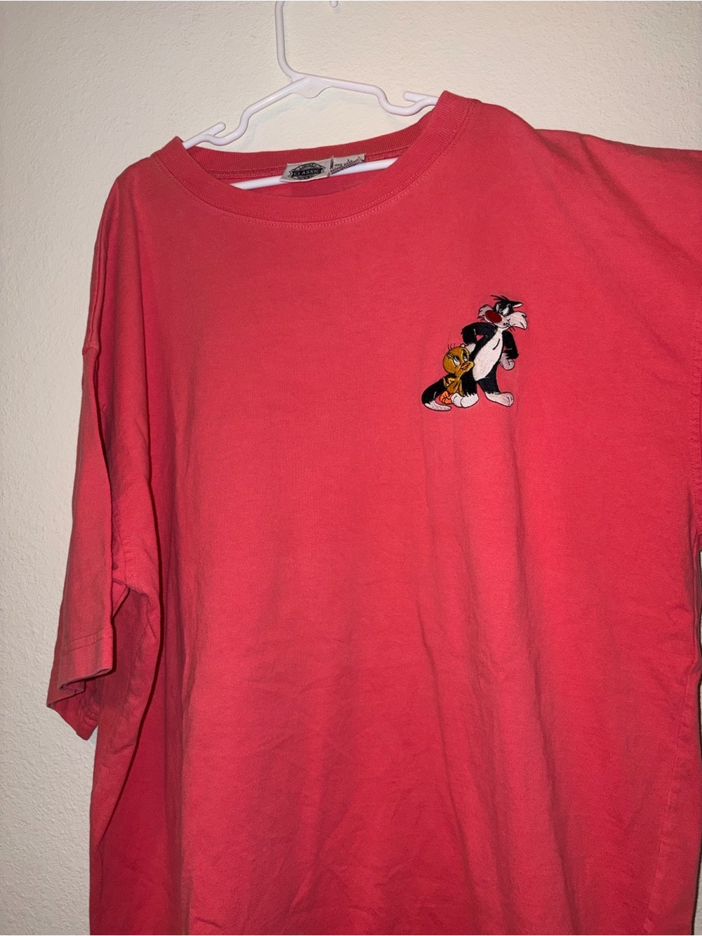Vintage Warner Bros. Coral Pink Short Sleeve Tee with Looney Tunes Embroidery